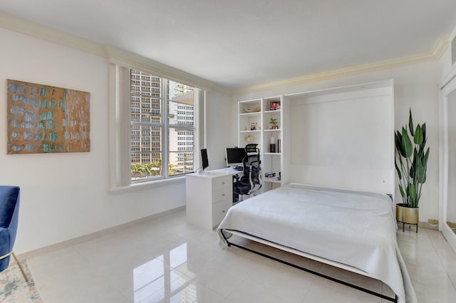 tiled bedroom featuring crown molding