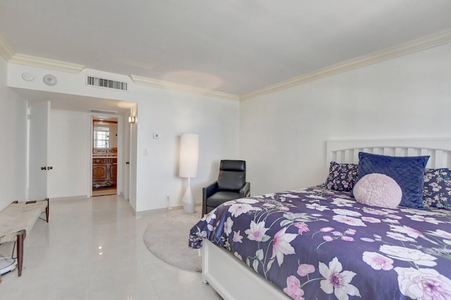 tiled bedroom featuring ornamental molding