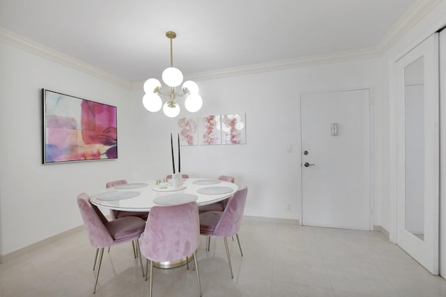 dining room with crown molding, light tile patterned floors, and an inviting chandelier