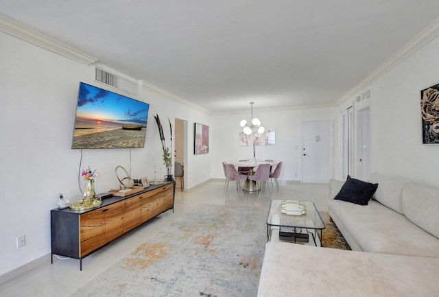 living room with crown molding and a chandelier