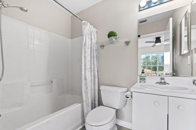 full bathroom featuring vanity, shower / tub combo with curtain, ceiling fan, and toilet