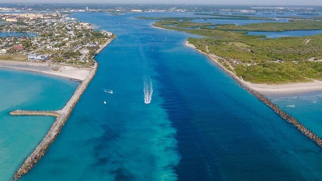 drone / aerial view with a water view and a view of the beach