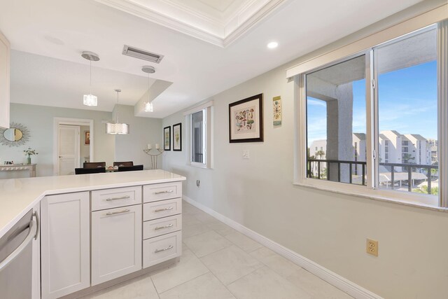 kitchen with visible vents, crown molding, dishwasher, pendant lighting, and light countertops