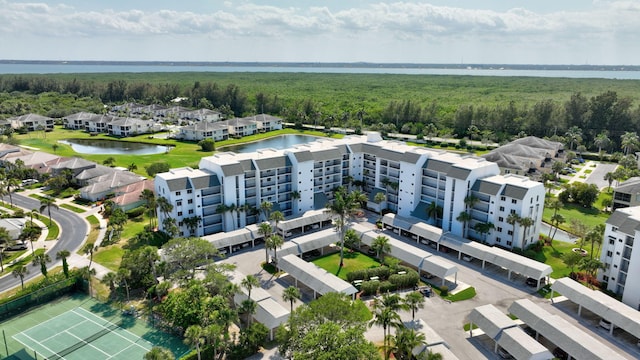 bird's eye view with a water view