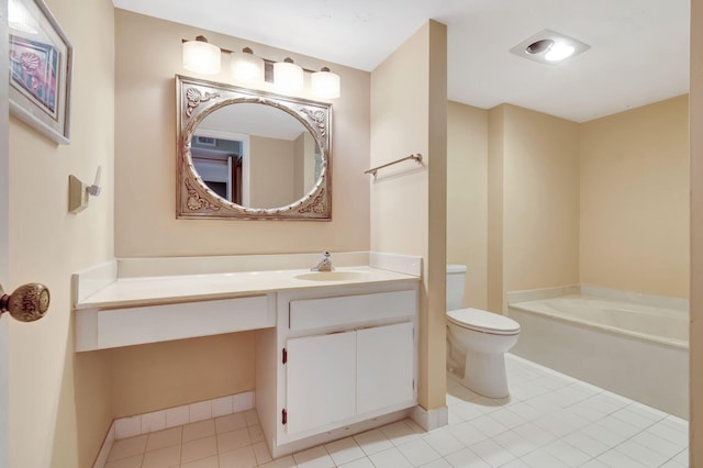 bathroom featuring a tub, tile patterned floors, toilet, and vanity