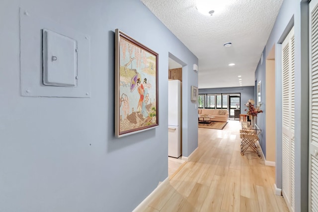 hall with a textured ceiling, light hardwood / wood-style flooring, and electric panel