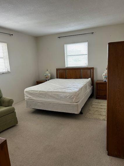 carpeted bedroom featuring a textured ceiling and multiple windows