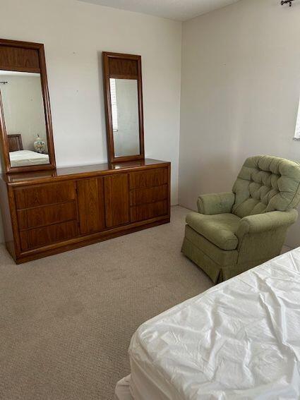 bedroom featuring light carpet