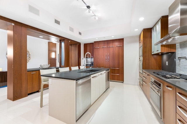 kitchen with appliances with stainless steel finishes, track lighting, wall chimney range hood, a kitchen island with sink, and sink