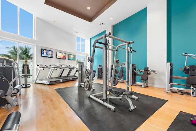 gym featuring light hardwood / wood-style floors, a high ceiling, and a tray ceiling