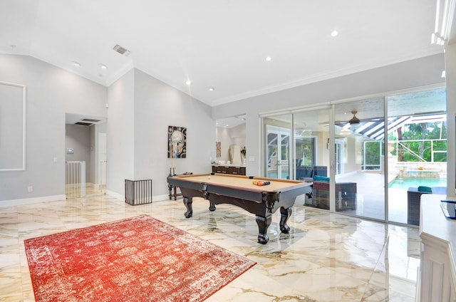 playroom with light tile flooring, vaulted ceiling, crown molding, and billiards