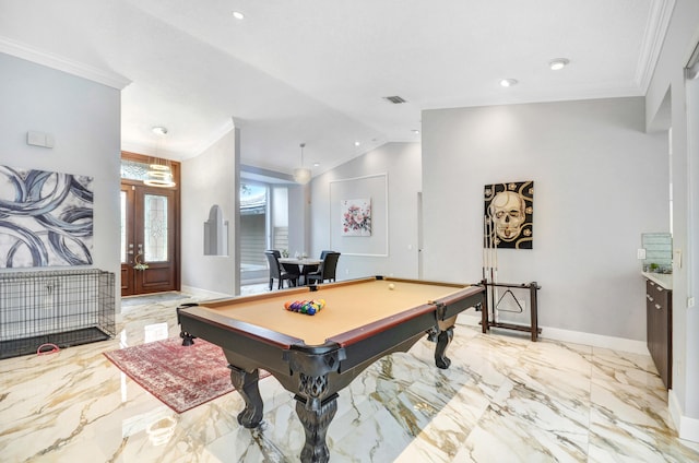 rec room featuring lofted ceiling, crown molding, light tile floors, and pool table