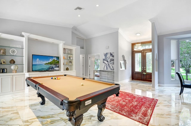 recreation room featuring light tile floors, billiards, lofted ceiling, crown molding, and french doors