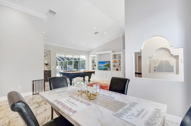 dining room with built in features, ornamental molding, pool table, and vaulted ceiling