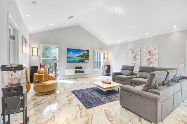 tiled living room featuring ornamental molding, a healthy amount of sunlight, and high vaulted ceiling