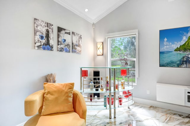 sitting room featuring light tile flooring, ornamental molding, and lofted ceiling