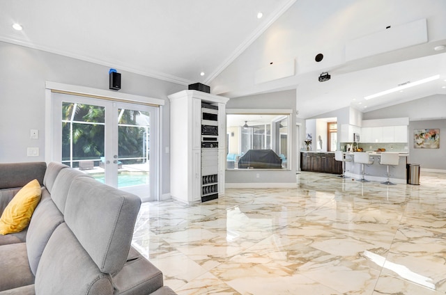 living room featuring french doors, crown molding, light tile floors, and vaulted ceiling