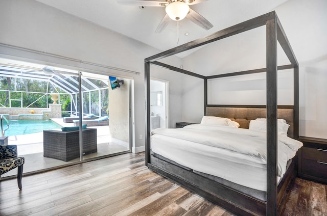 bedroom with lofted ceiling, ceiling fan, light hardwood / wood-style floors, and access to outside