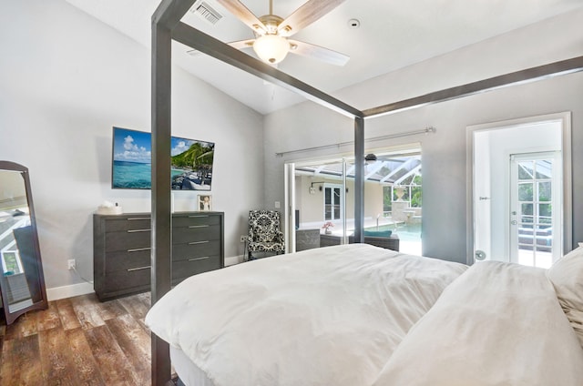 bedroom with lofted ceiling, ceiling fan, dark hardwood / wood-style flooring, and access to exterior