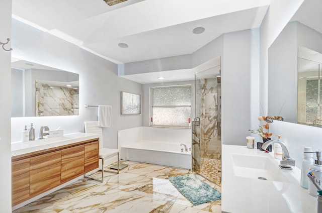 bathroom with tile flooring, independent shower and bath, and vanity