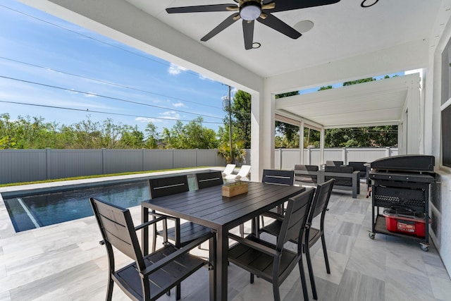 view of patio / terrace featuring a fenced in pool, a grill, an outdoor hangout area, and ceiling fan