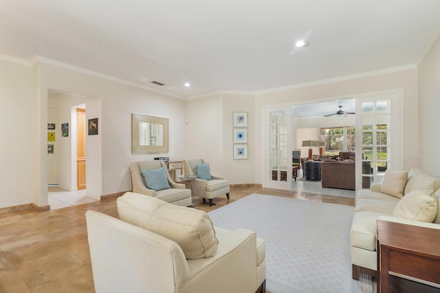 tiled living room featuring ceiling fan, french doors, and crown molding