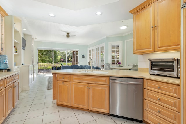 kitchen featuring ornamental molding, stainless steel dishwasher, sink, light tile flooring, and ceiling fan