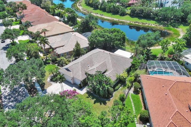 drone / aerial view with a water view