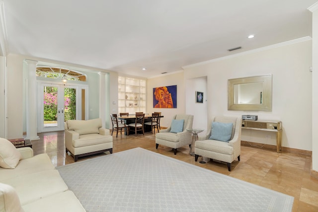 tiled living room with ornamental molding