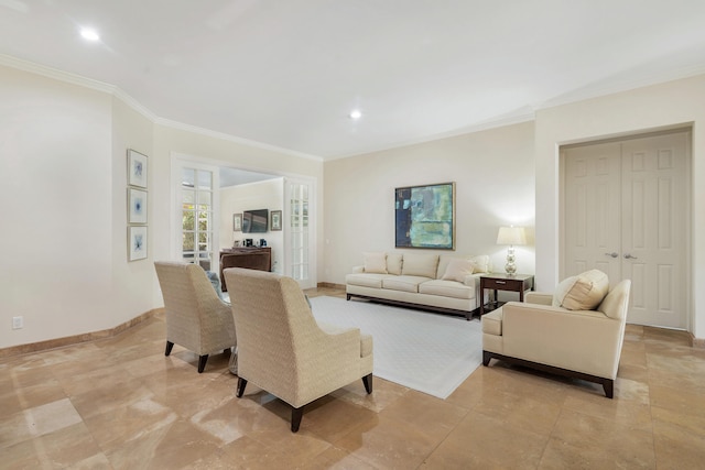 tiled living room with crown molding, french doors, and ceiling fan