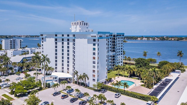 drone / aerial view with a water view