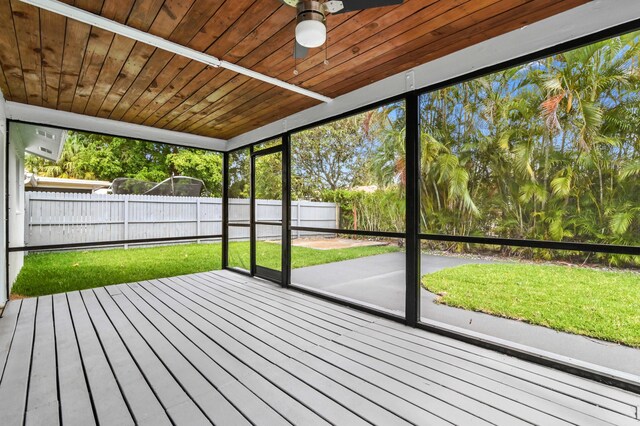 unfurnished sunroom featuring wood ceiling and ceiling fan