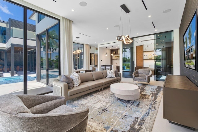 living room with floor to ceiling windows