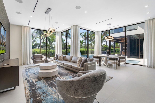 living room with floor to ceiling windows