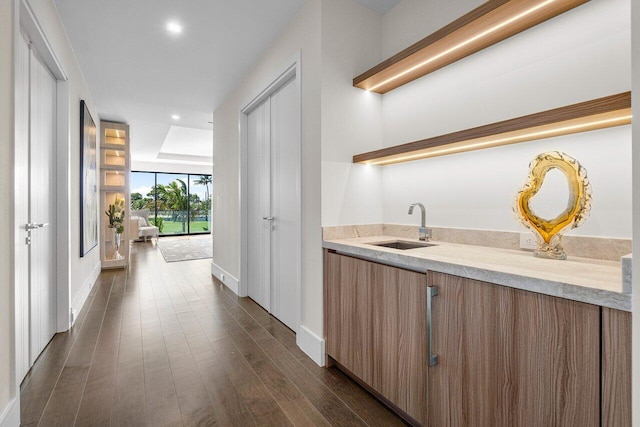 interior space featuring dark hardwood / wood-style flooring and sink