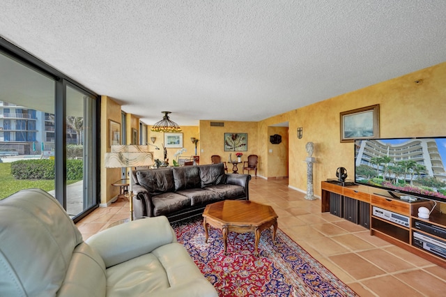 tiled living room with a textured ceiling