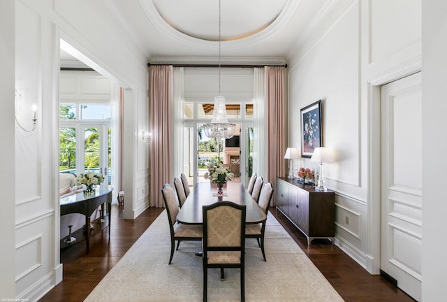 dining room with dark hardwood / wood-style flooring, a tray ceiling, and an inviting chandelier