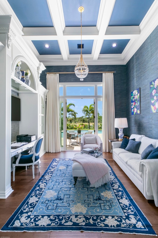 living room featuring coffered ceiling, crown molding, beam ceiling, and dark hardwood / wood-style floors