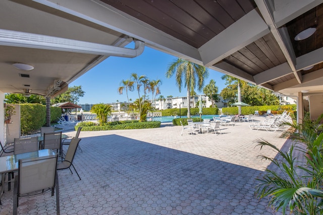 view of patio featuring a community pool and ceiling fan