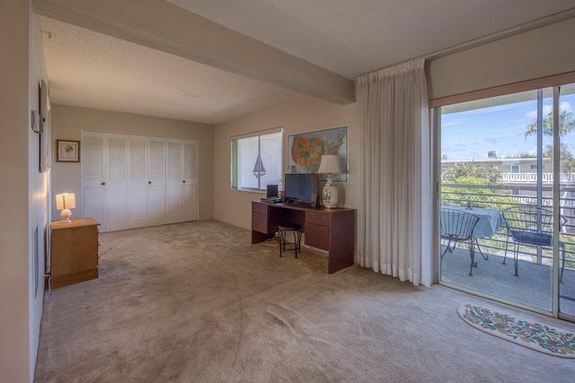 interior space featuring beamed ceiling, a closet, a textured ceiling, light carpet, and access to exterior