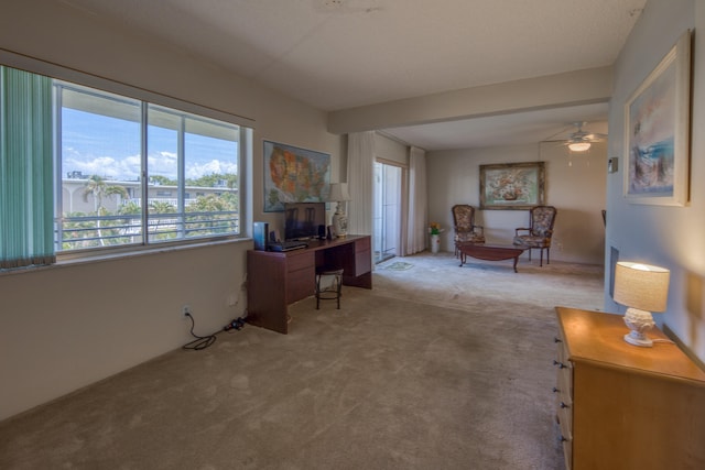 office area with carpet and ceiling fan