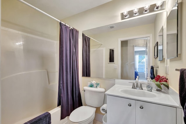 full bathroom with toilet, oversized vanity, and shower / bath combination with curtain