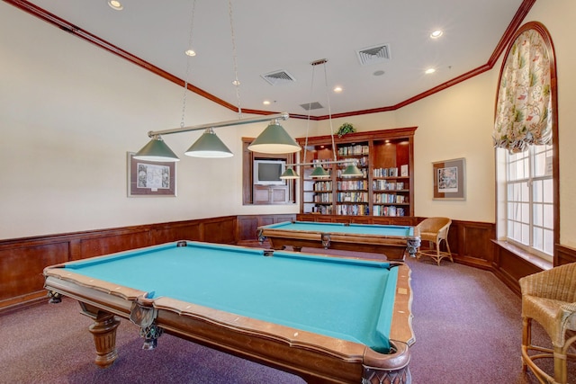 recreation room featuring crown molding, dark carpet, and billiards