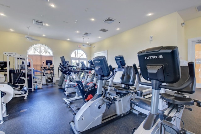 workout area featuring ceiling fan