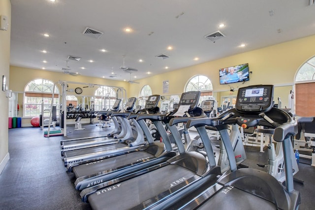 exercise room with a healthy amount of sunlight and ceiling fan