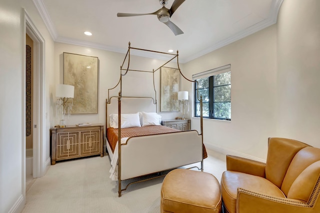 bedroom with ornamental molding, ceiling fan, and carpet flooring