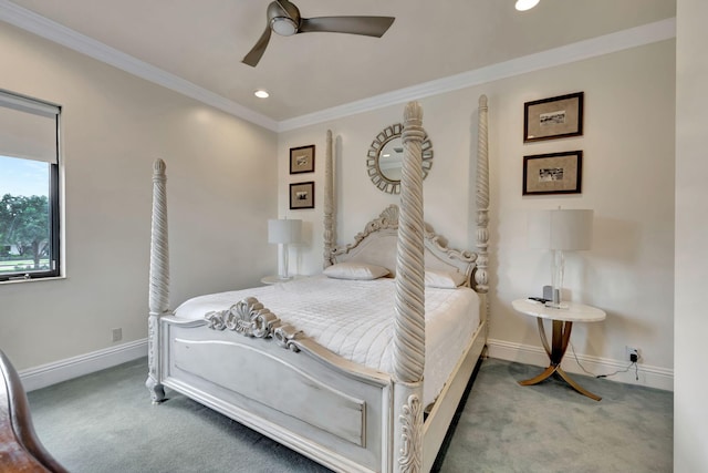 bedroom featuring ornamental molding, ceiling fan, and carpet flooring