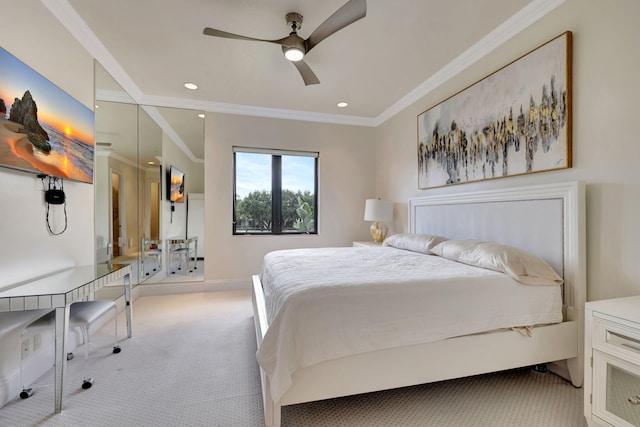 bedroom with light colored carpet, ceiling fan, and crown molding