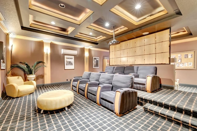 cinema with carpet floors, crown molding, and coffered ceiling