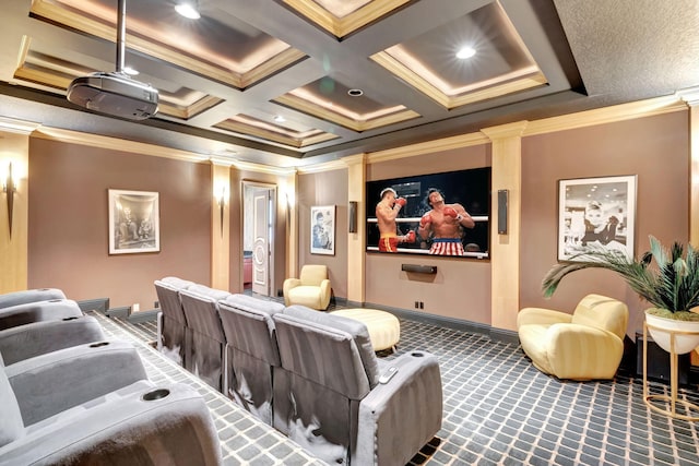 cinema room with ornamental molding, coffered ceiling, decorative columns, and carpet floors